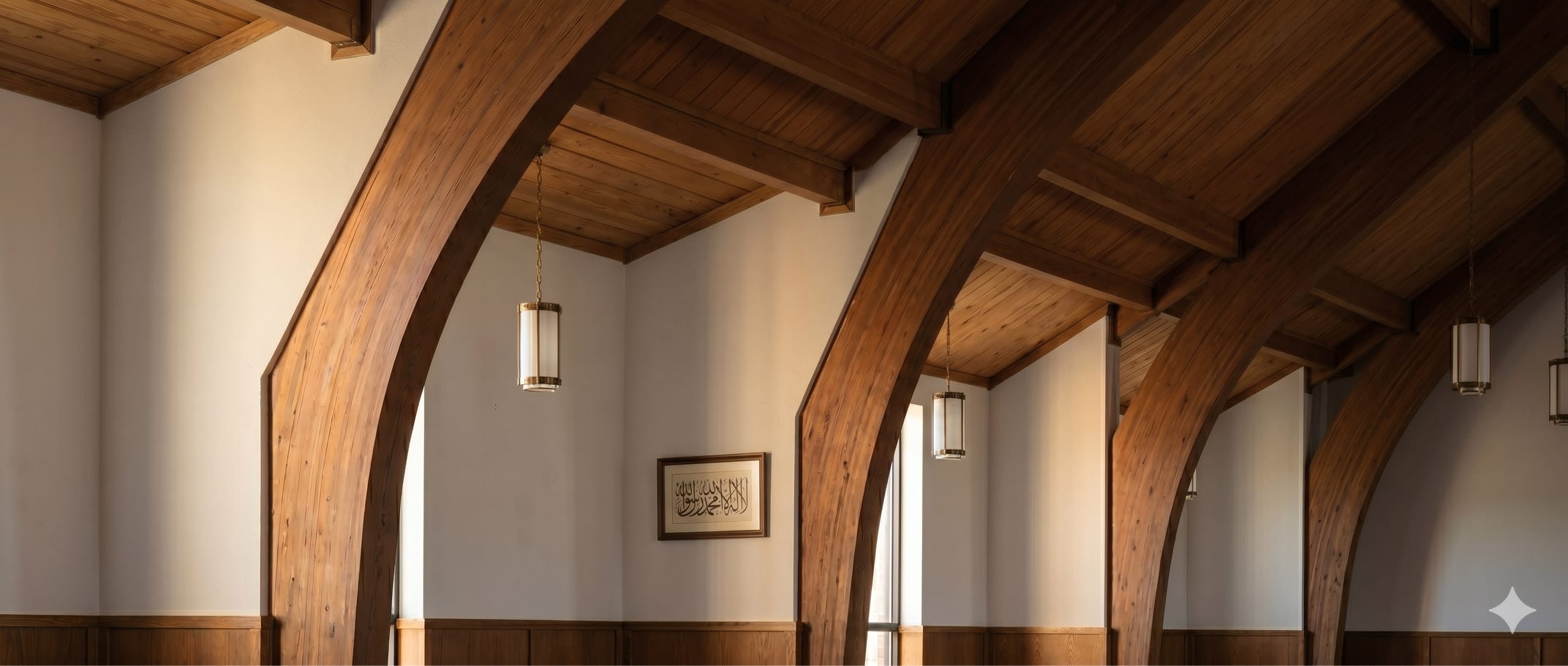 Sunlit prayer hall of the Islamic Center of Southlake with arched wooden beams and pendant lanterns