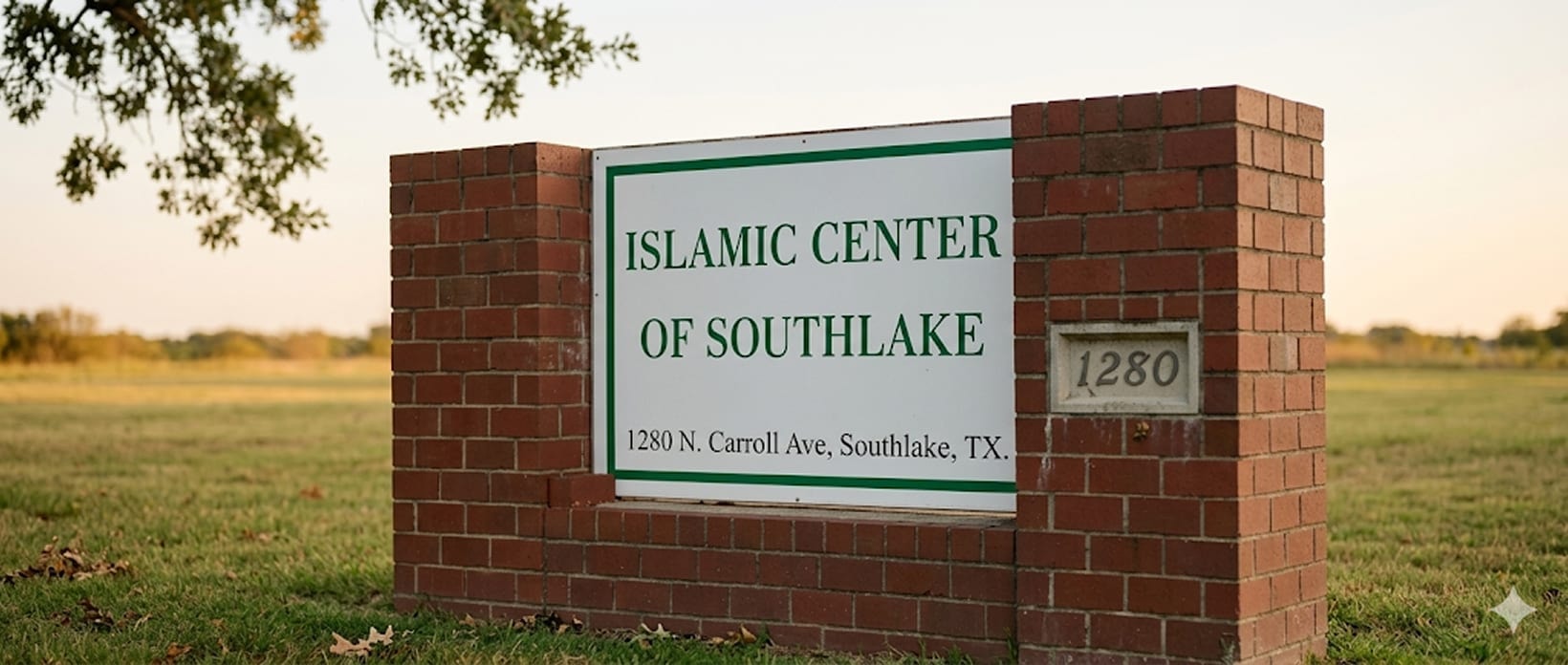 Brick sign reading Islamic Center of Southlake, 1280 N. Carroll Ave