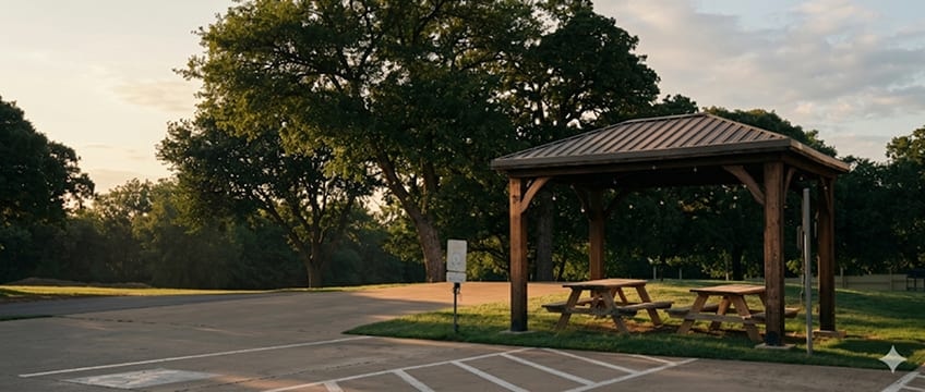 Wooden pavilion with picnic tables on the ICS grounds at dusk