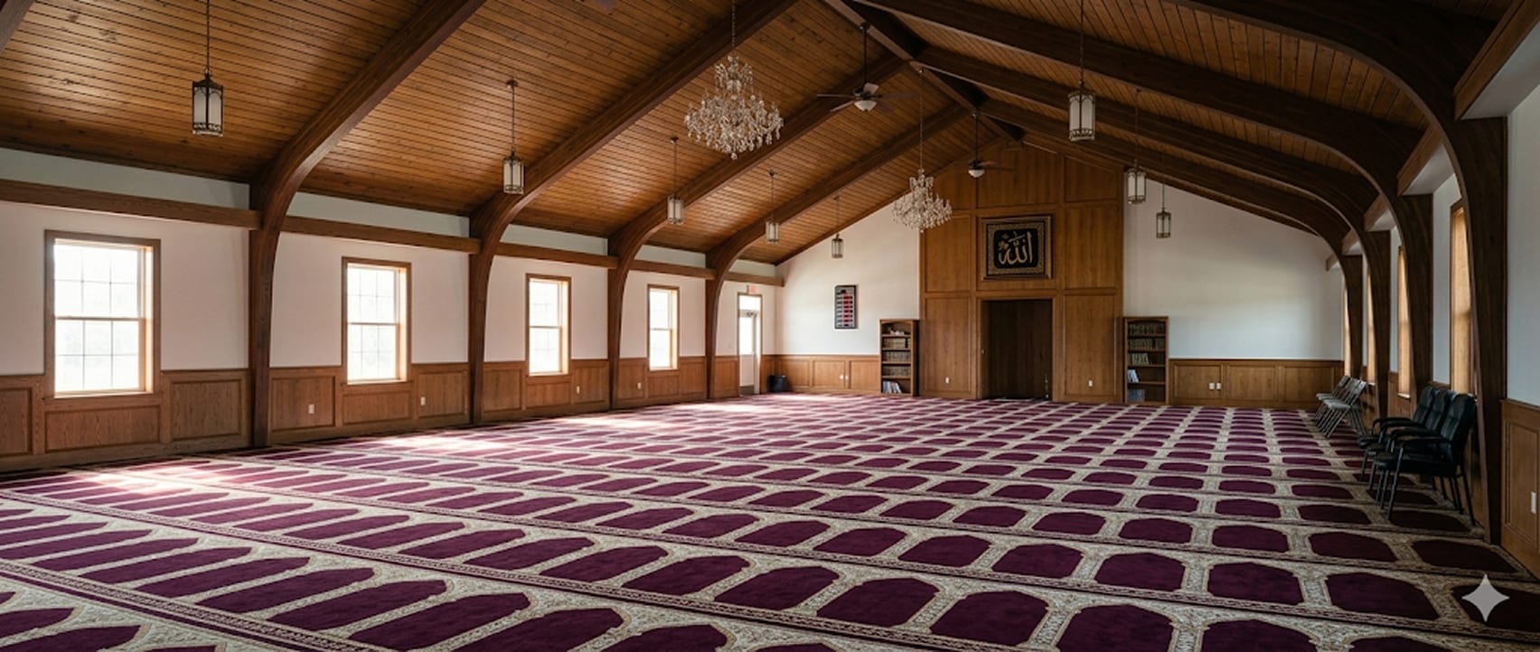 Sunlit prayer hall with a wooden vaulted ceiling and maroon carpet