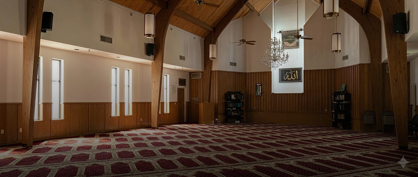 The prayer hall at the Islamic Center of Southlake in the soft light of evening