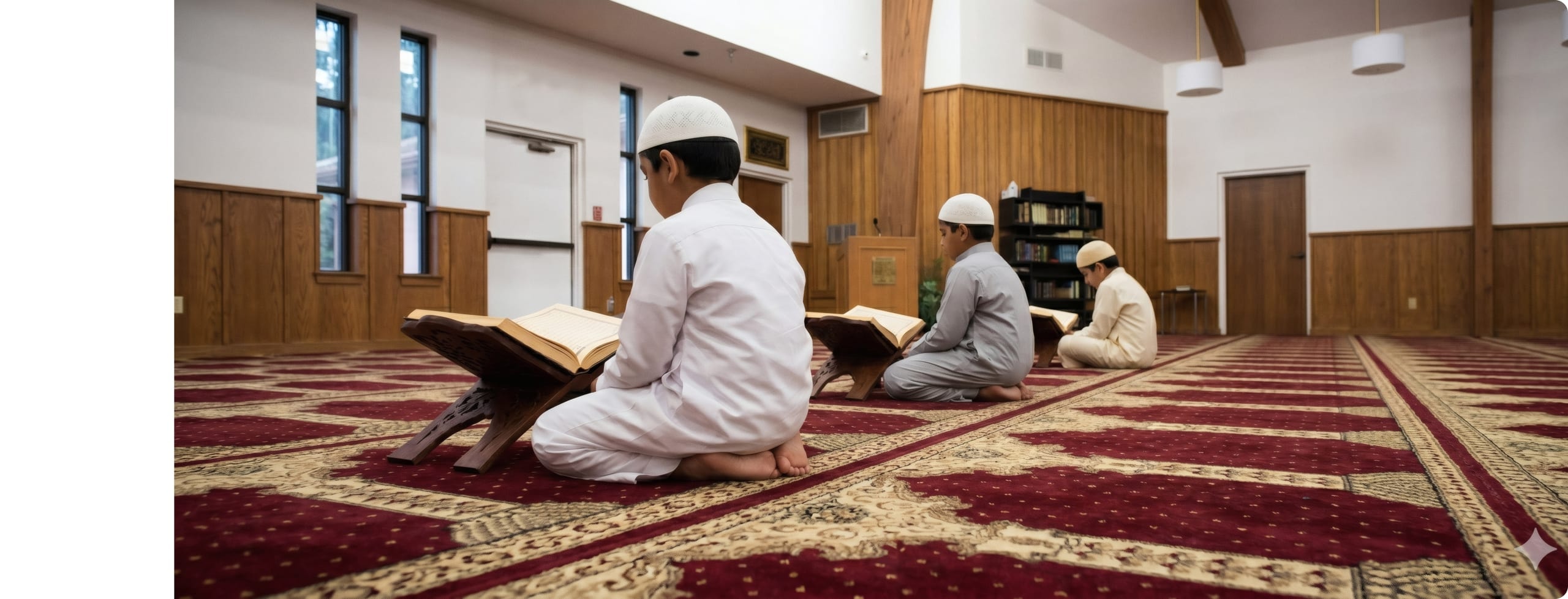 Young students in white kufis reading the Qur'an on wooden stands at the Islamic Center of Southlake