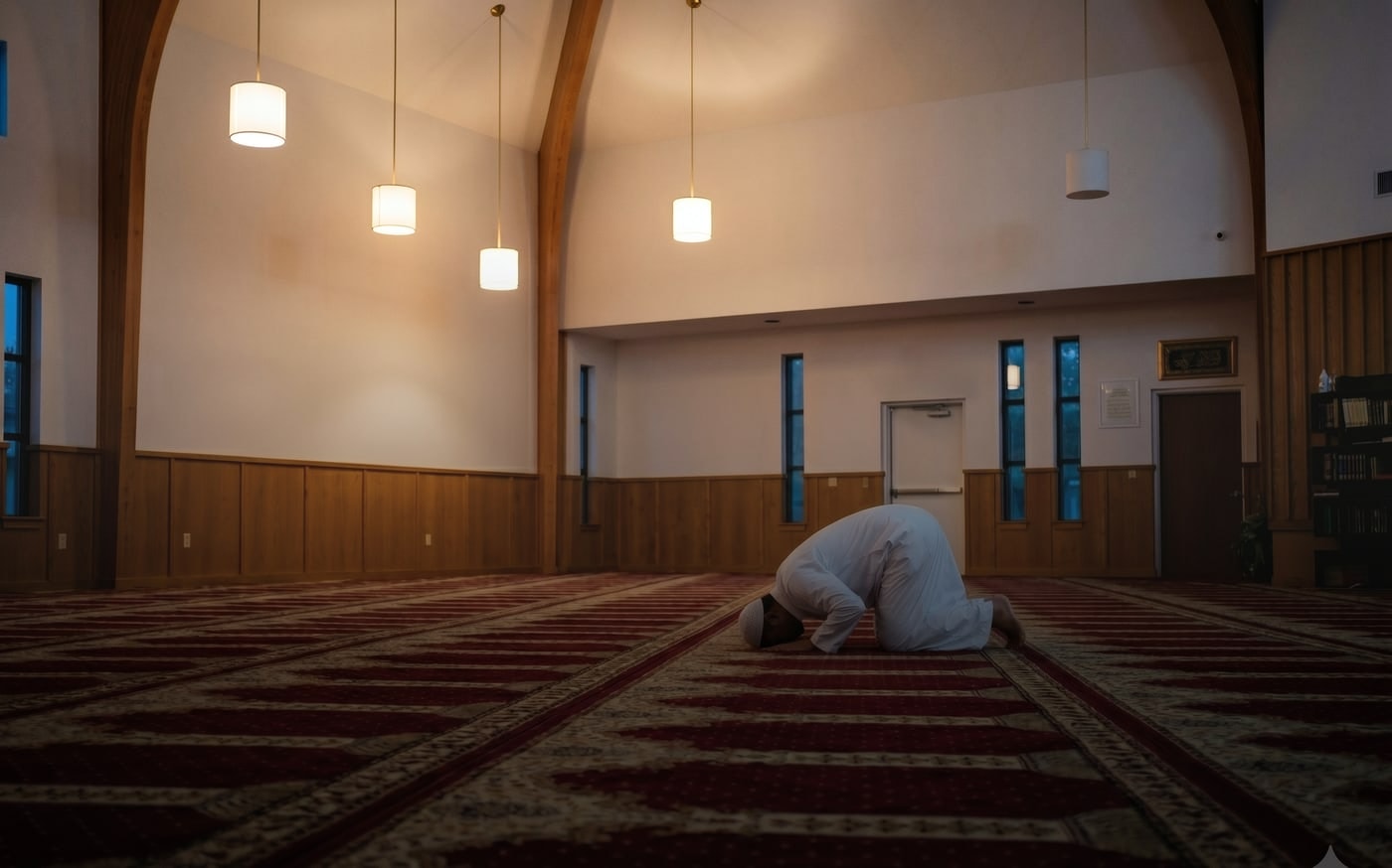A worshipper in sujood on the carpet of the ICS prayer hall