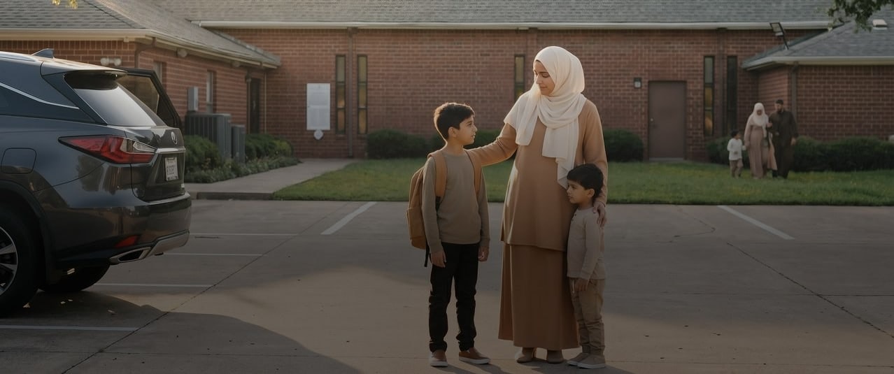 A mother and her two children arriving at the masjid for weekend school