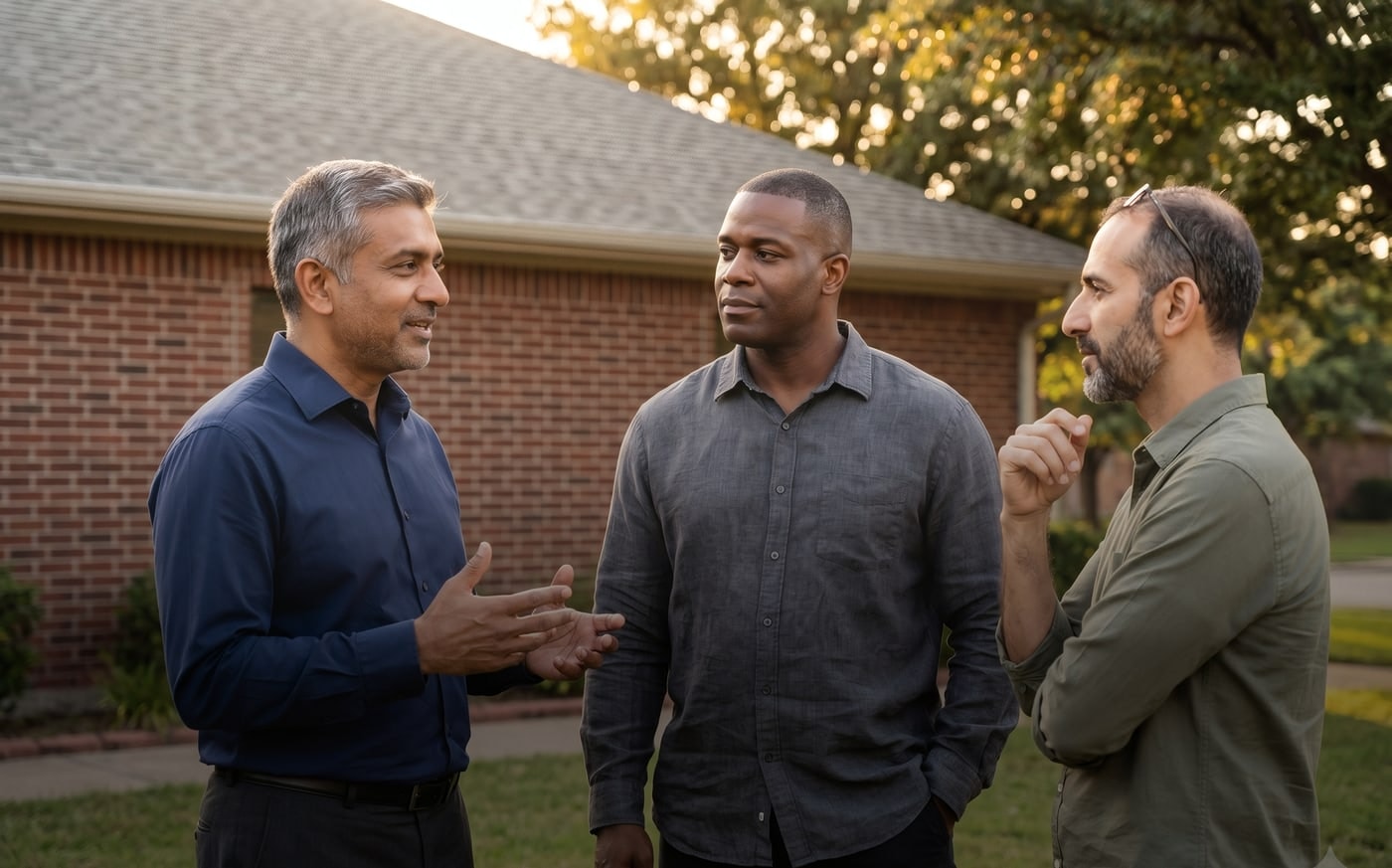 Three community members in conversation outside the masjid