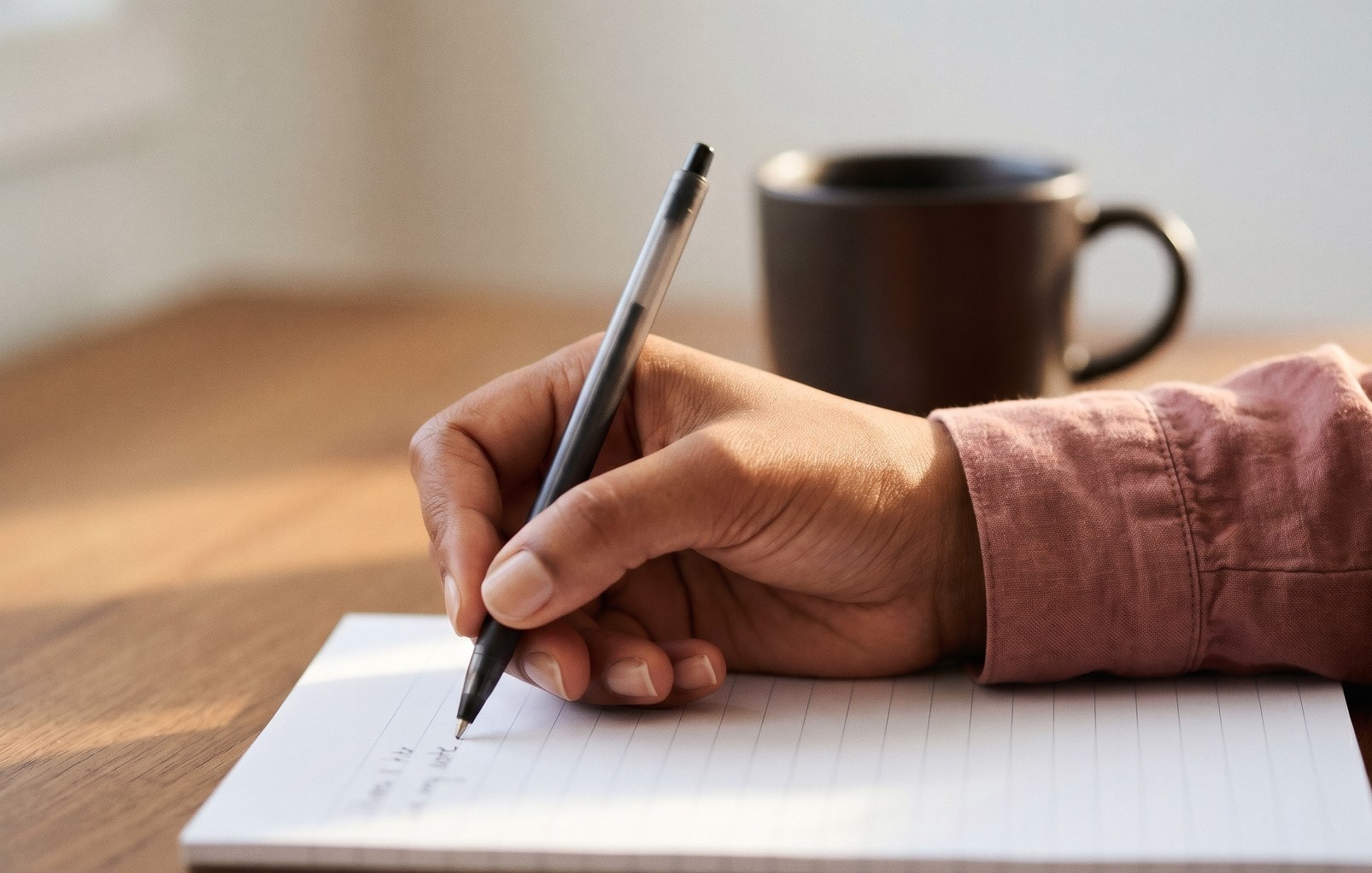 A hand writing in a notebook beside a cup of coffee