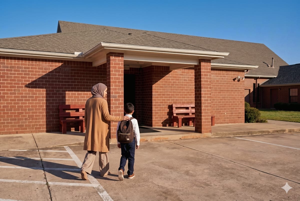 A parent walking a child toward the masjid entrance for drop-off