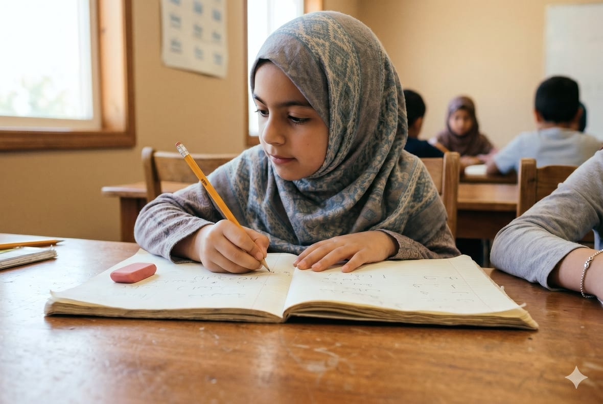 A young student in a hijab writing at her desk during class