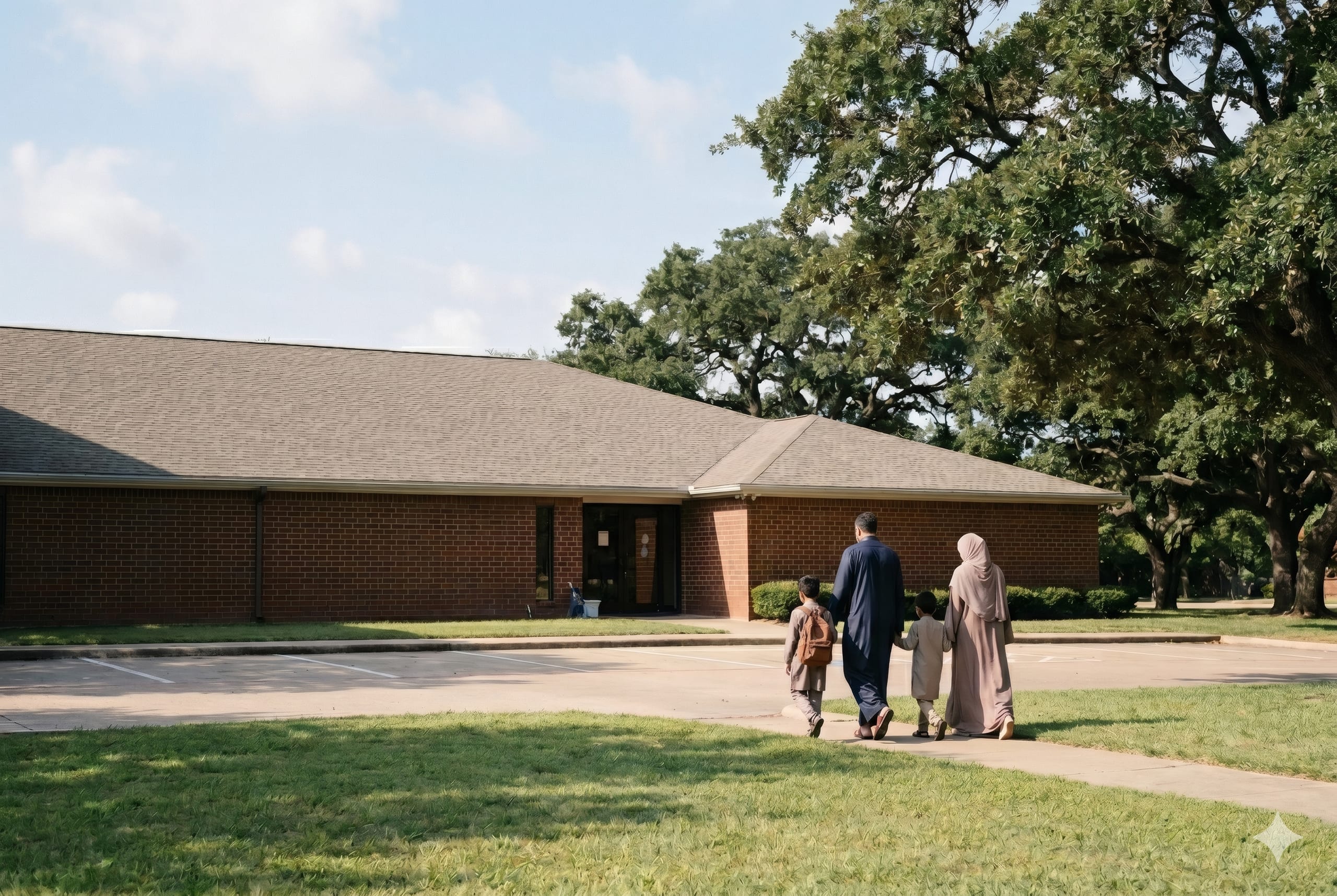 A family walking together along the walkway toward the Islamic Center of Southlake
