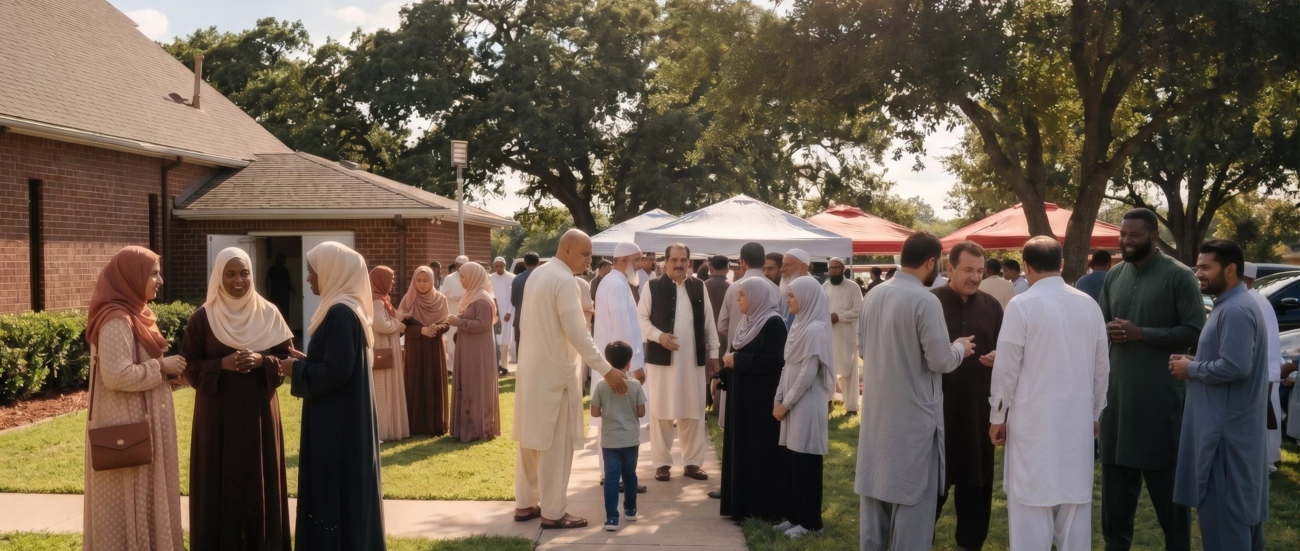Families gathering outdoors on the Islamic Center of Southlake grounds to celebrate Eid