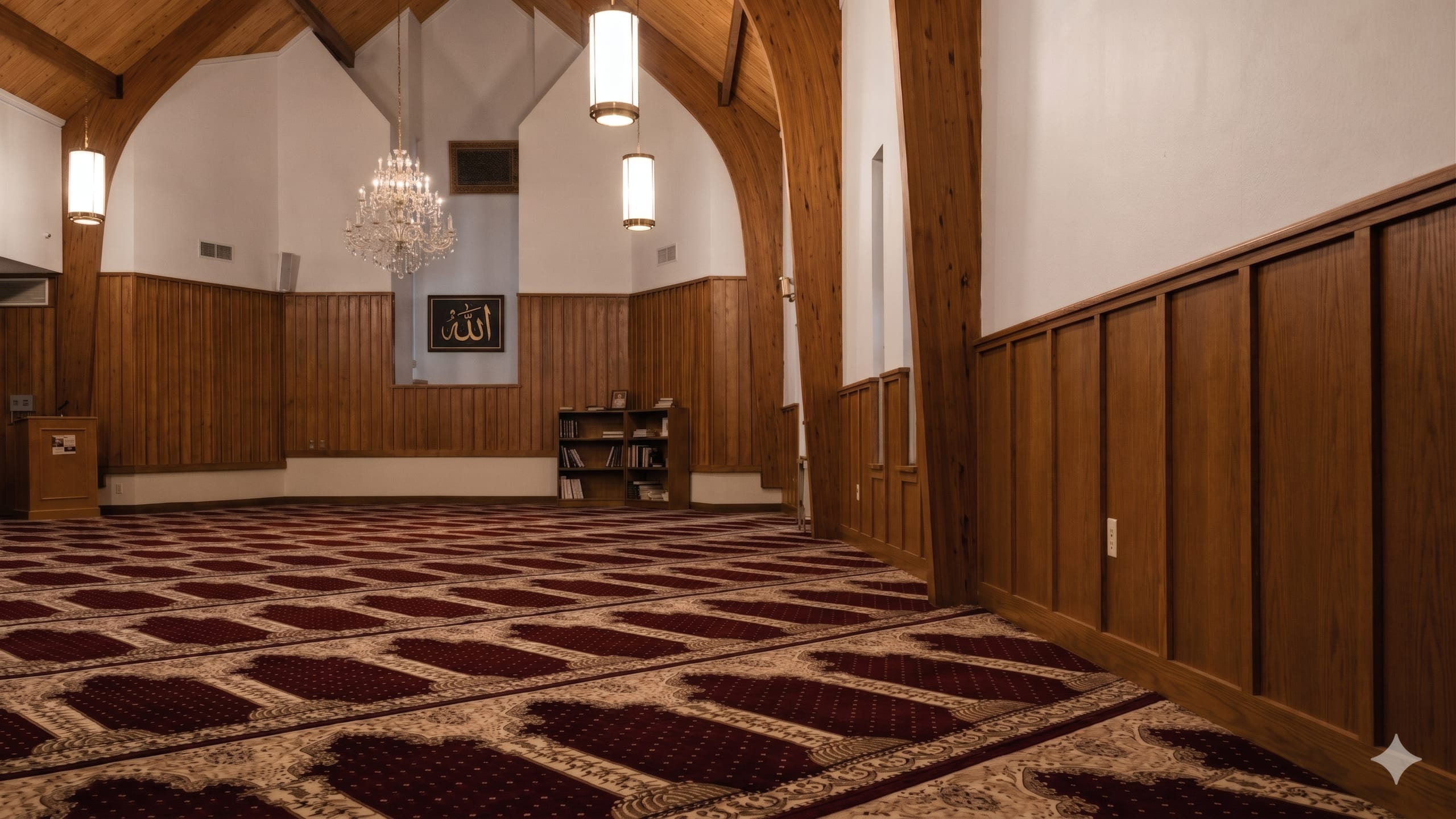 The carpeted prayer hall of the Islamic Center of Southlake