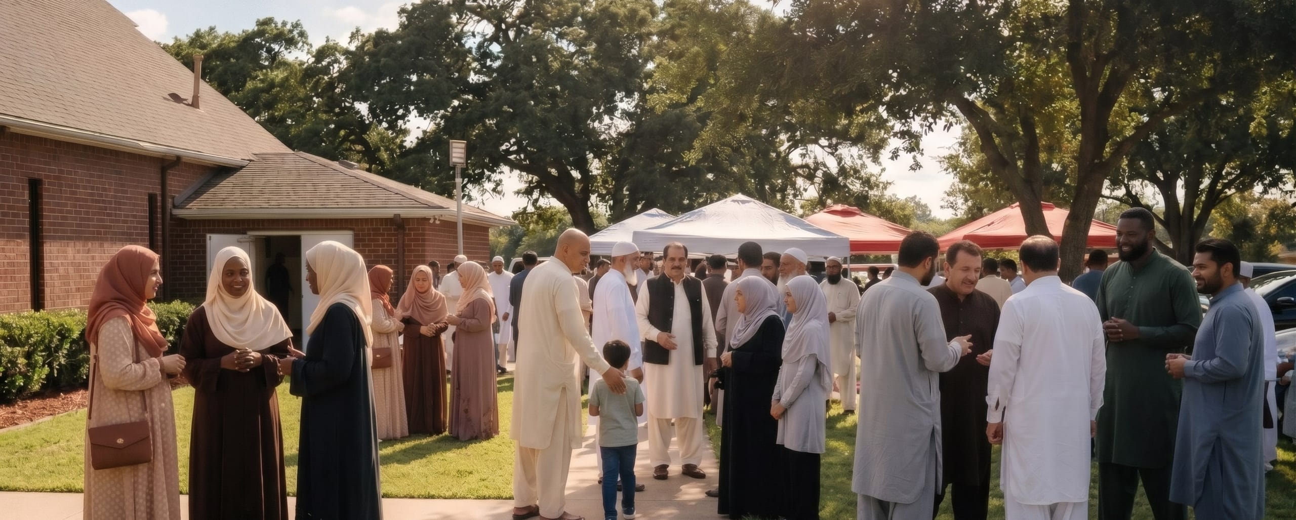 Community members gathered outside the Islamic Center of Southlake after a service