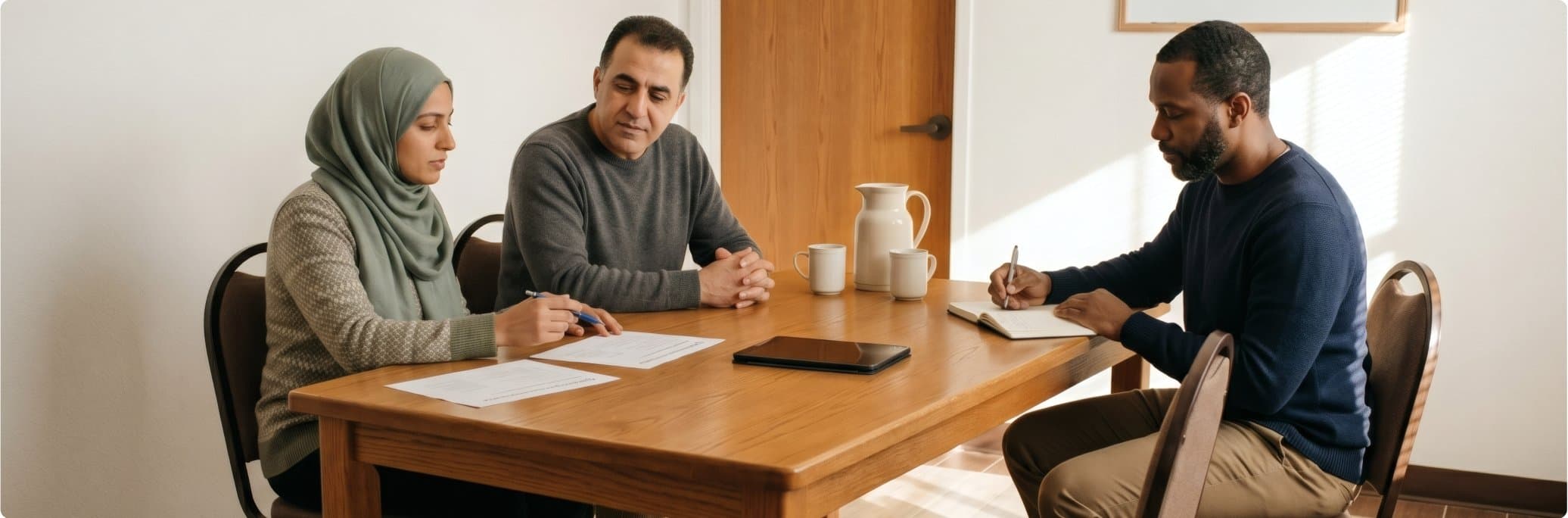 A couple sitting at a table reviewing paperwork with an ICS financial-help volunteer taking notes