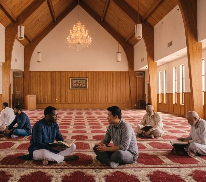 Community members seated in a learning circle inside the ICS prayer hall
