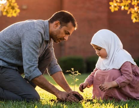 A family planting together in a community garden