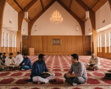 Worshippers seated in the bright, carpeted prayer hall